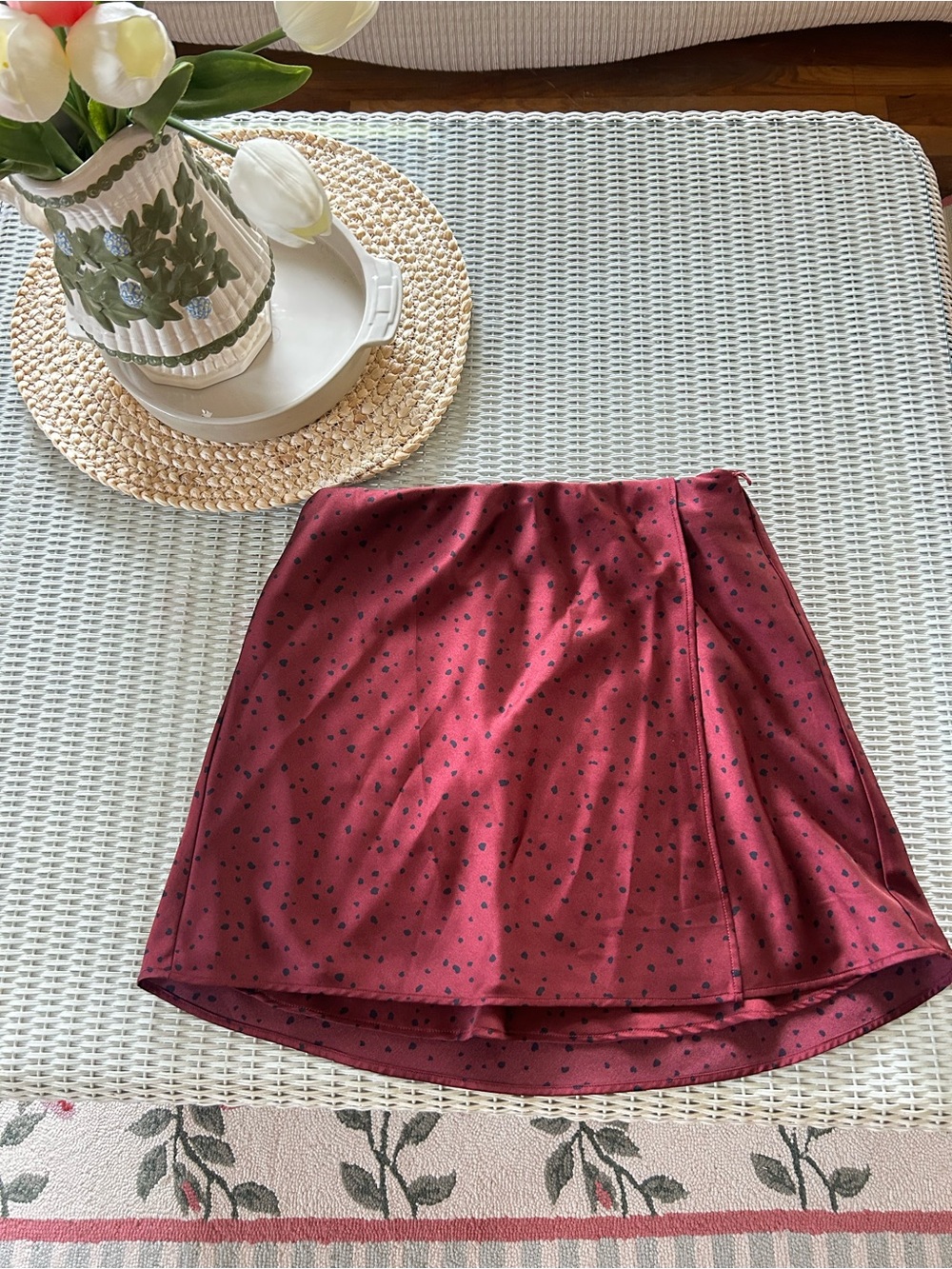 Abercrombie & Fitch Burgundy A-Line Mini Skirt with Black Dot Print